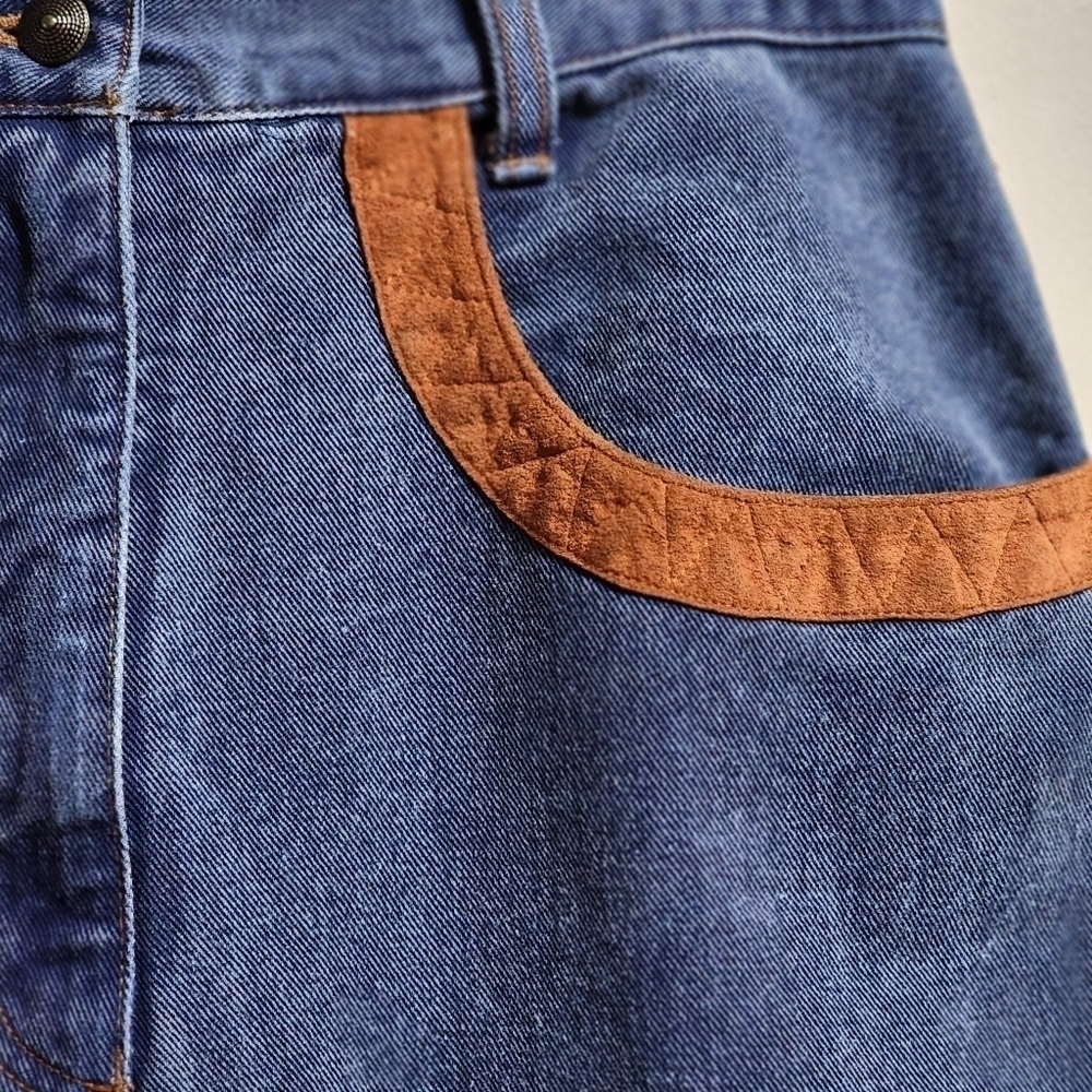 Vintage maxi denim skirt color blue with brown suede details size 4 - Picture 4 of 4